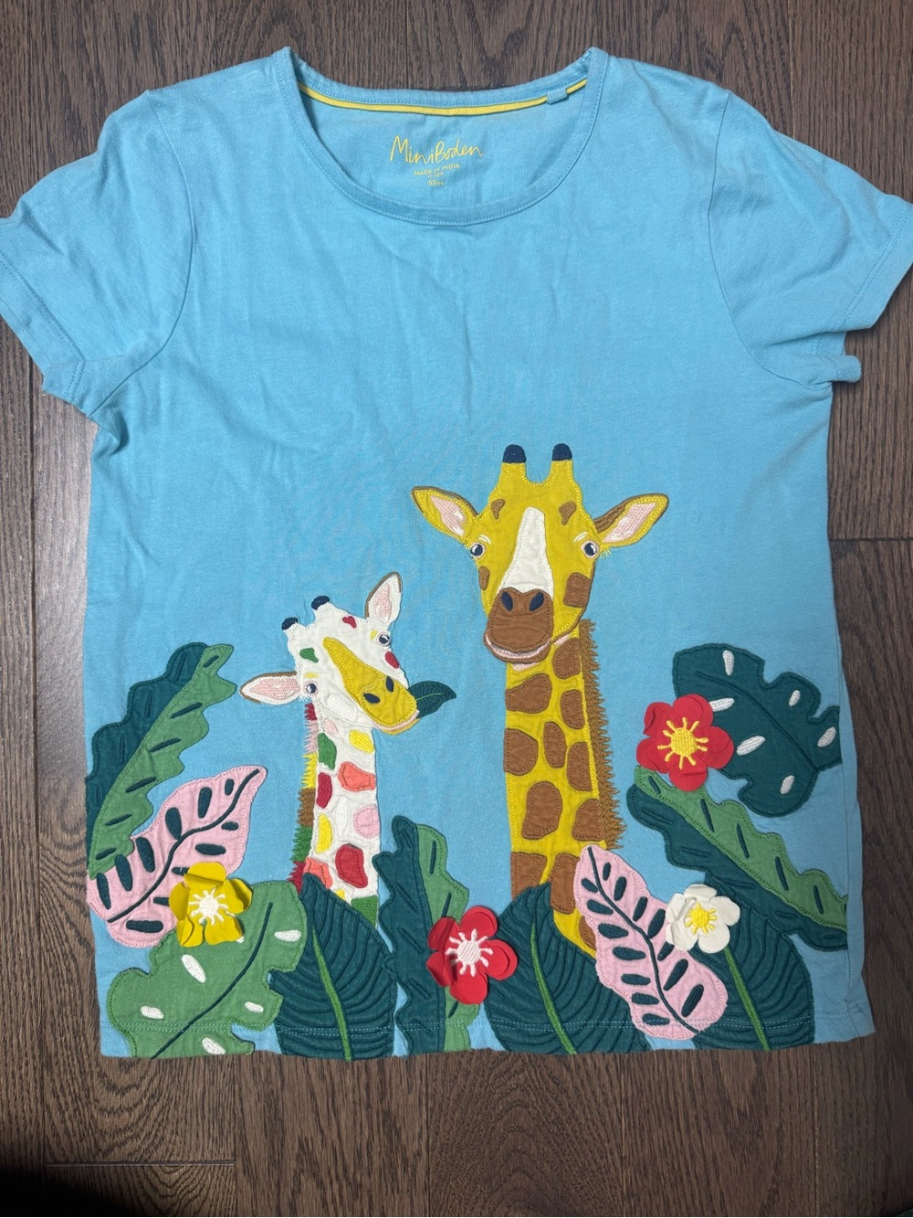 Mini Boden Light Blue Giraffe Appliqué Tee with Tropical Accents 11/12